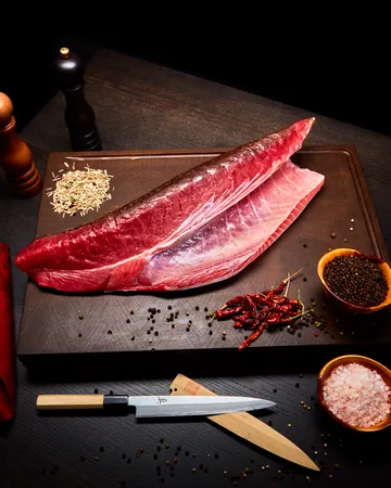 Lomo de atún crudo sobre una tabla de madera oscura con especias