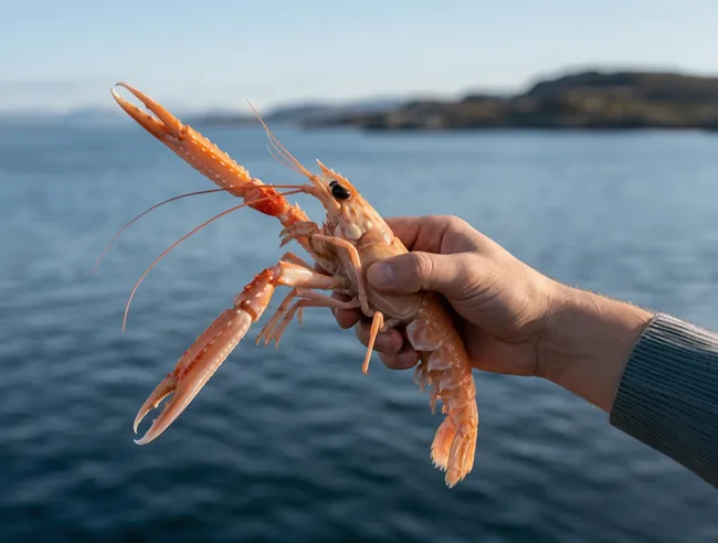 Hand holding a Norway lobster (langoustine) above a Nordic fjord