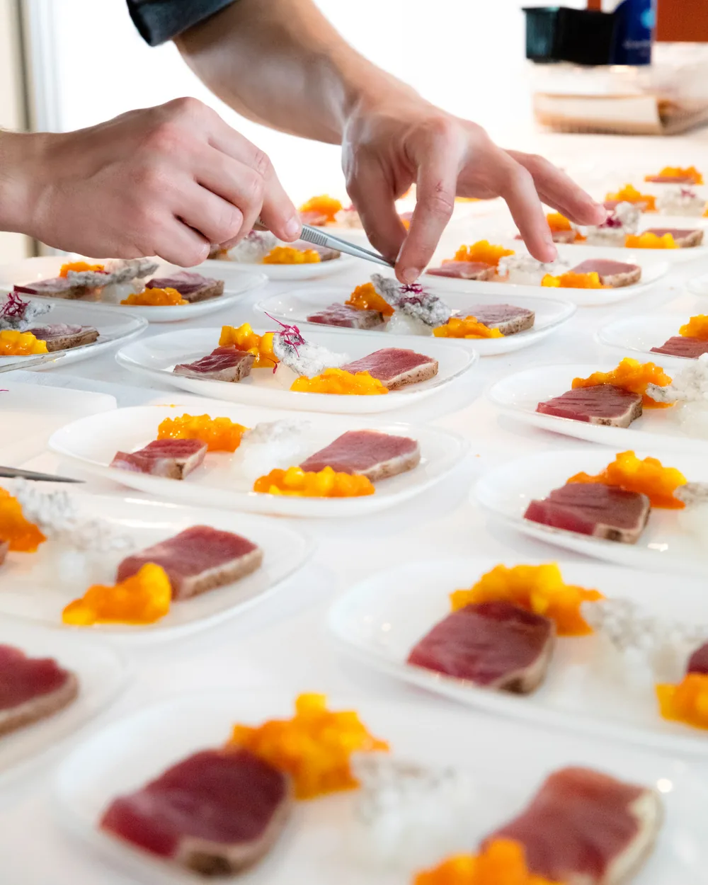 A chef's hands finishing rows of seared tuna plates with mango for a banquet service