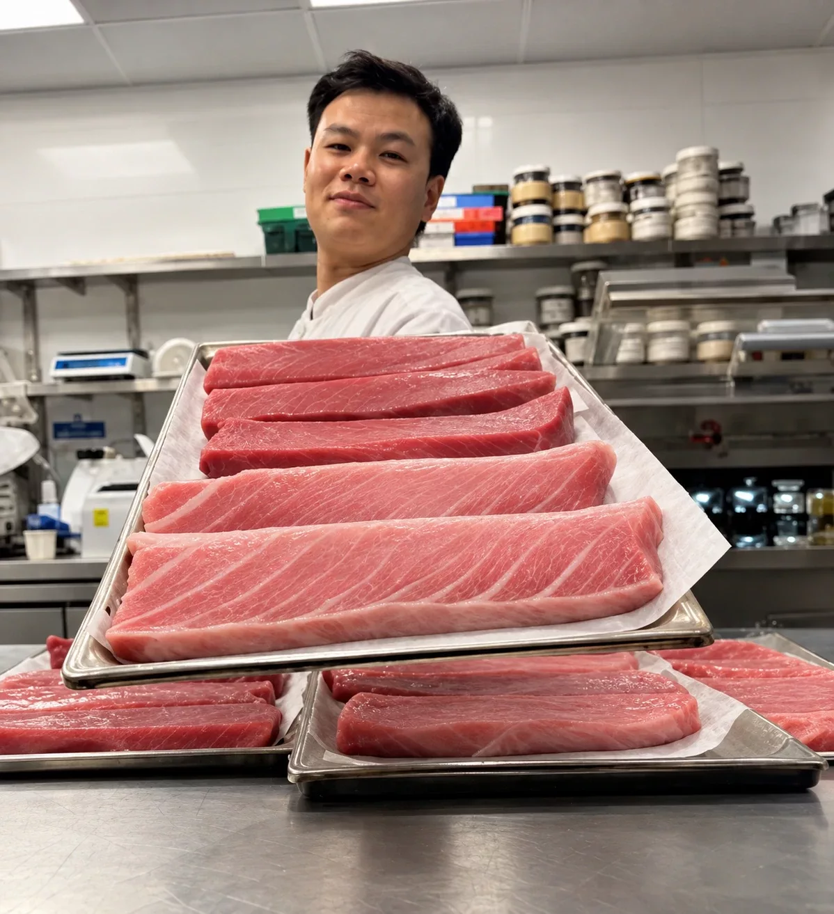 Chef holding a tray of bluefin tuna saku blocks, fatty otoro and chutoro cuts
