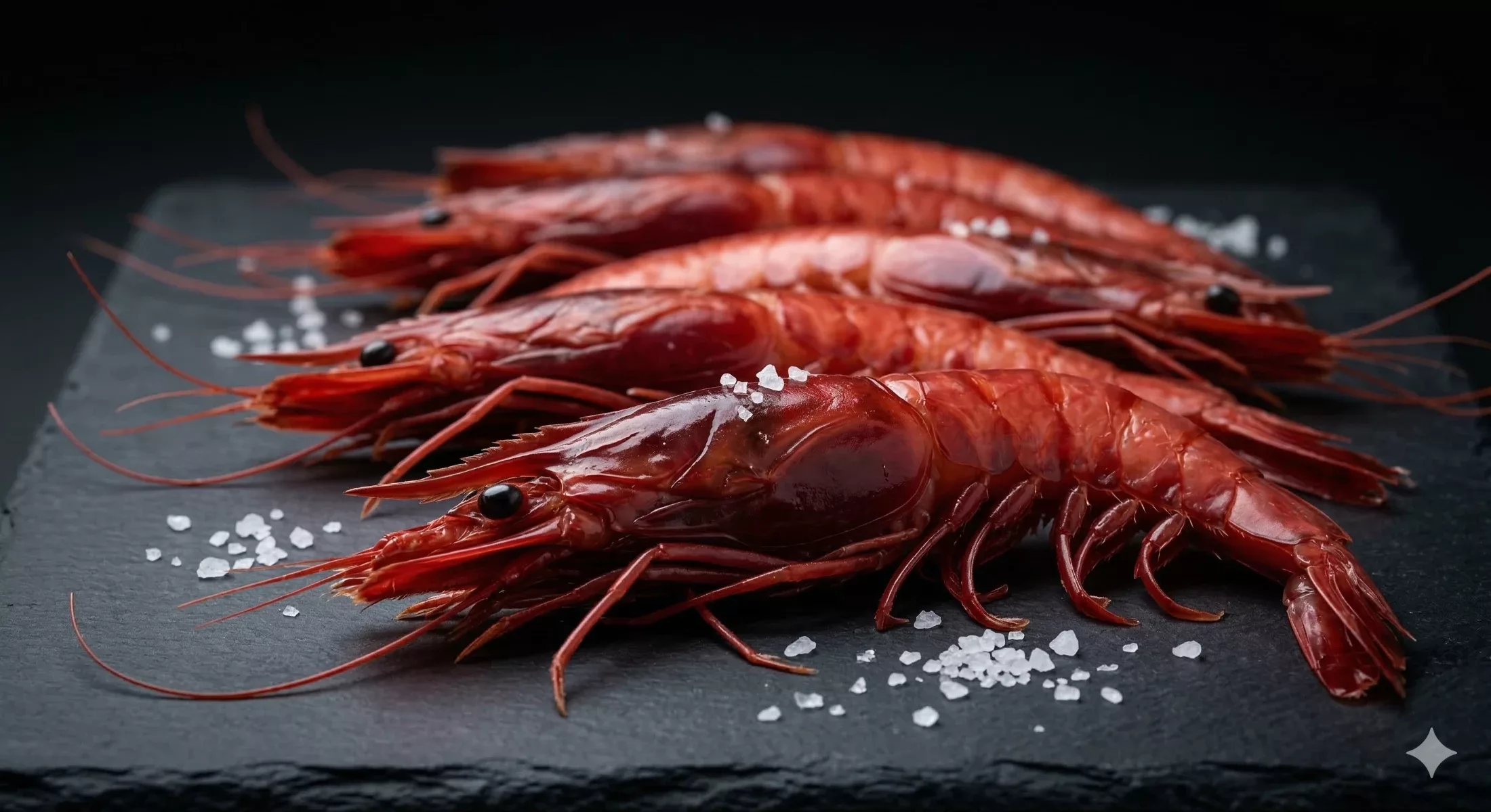 Whole scarlet carabineros prawns on slate with sea salt