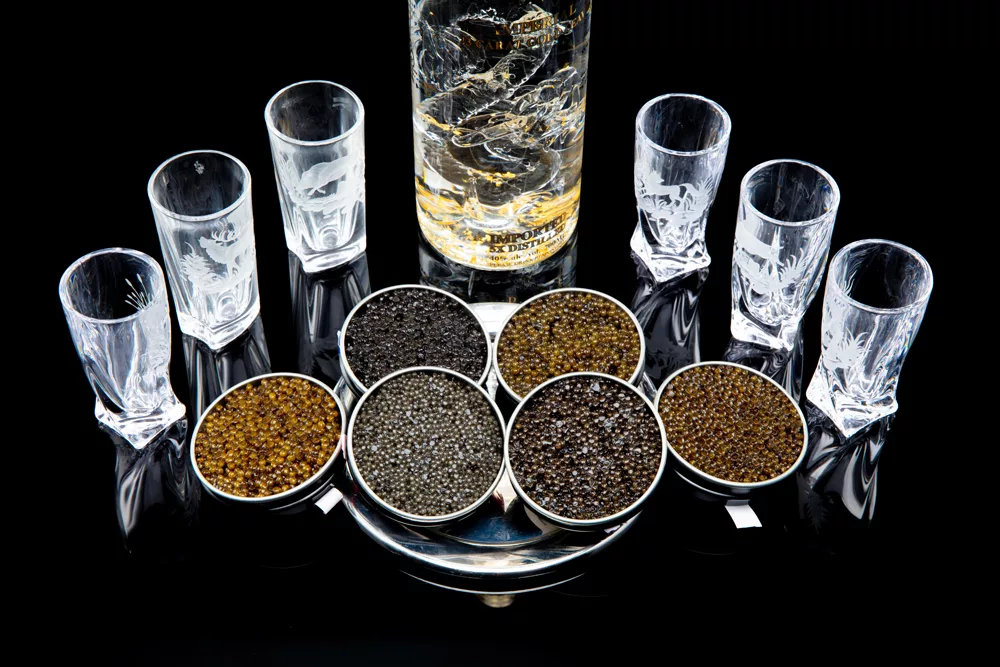 Latas abiertas de caviar de esturión de distintas categorías