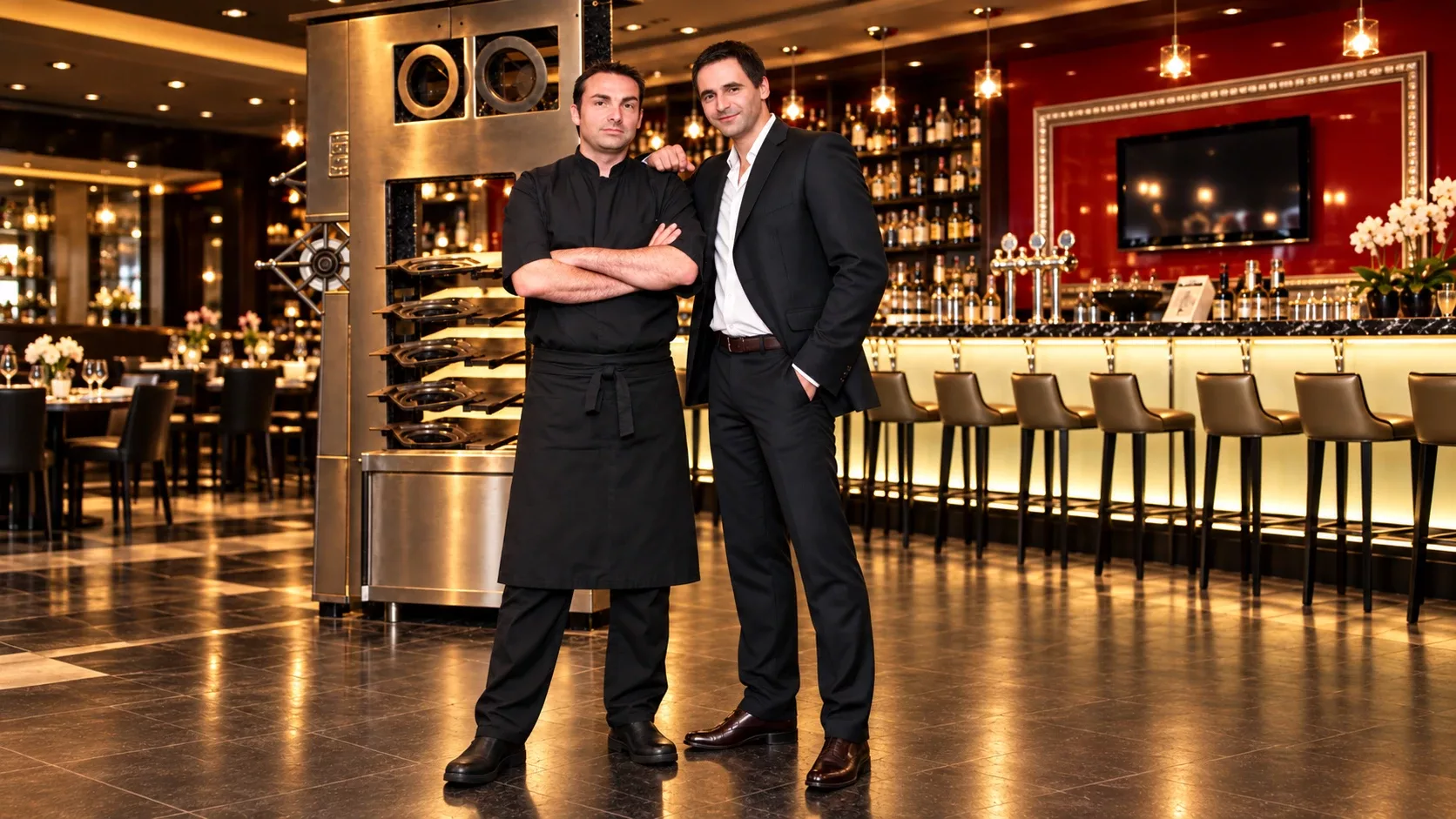 The founder and the executive chef standing by a rotisserie in the dining room of a gastronomic restaurant in Monte Carlo, with the bar behind them