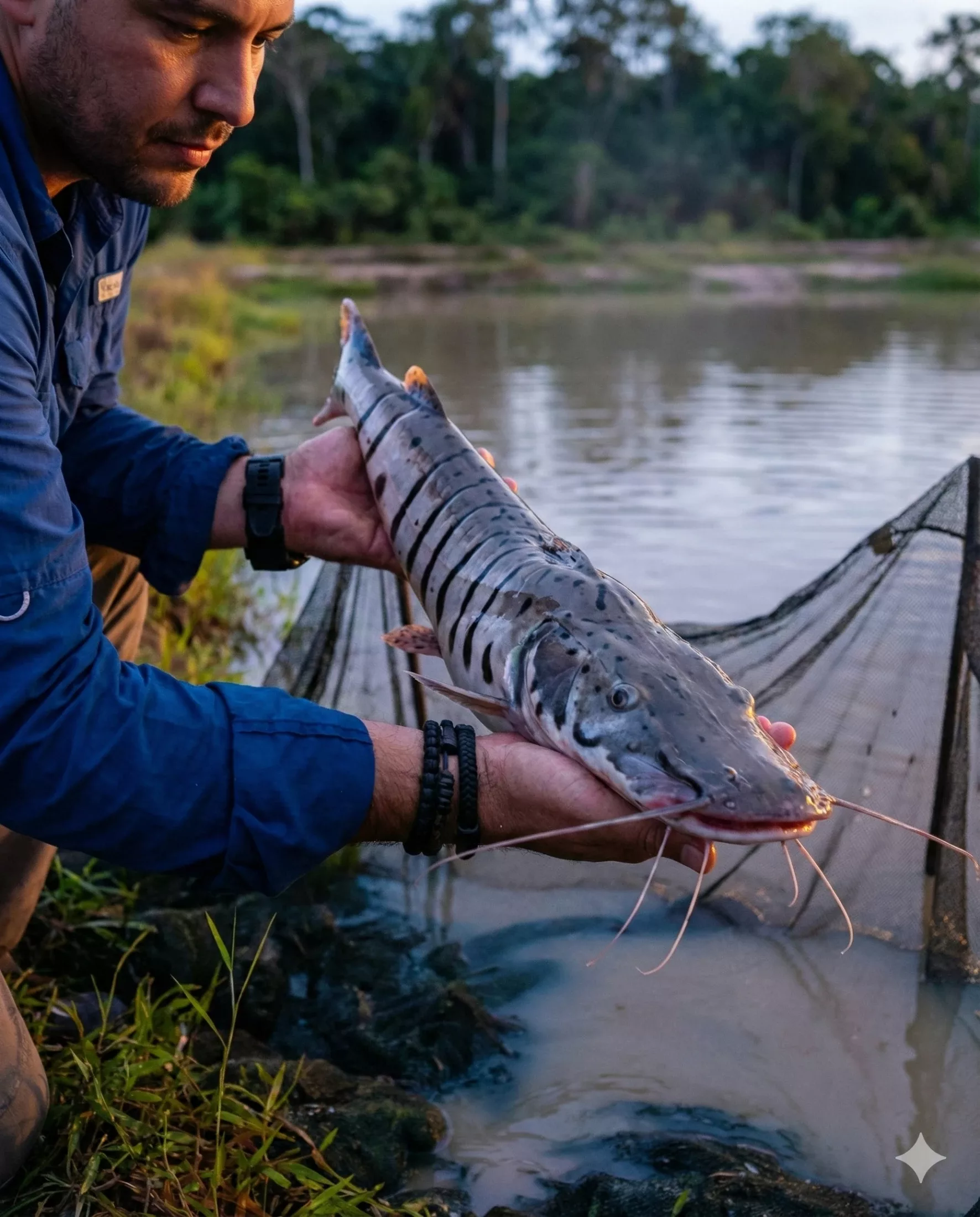 Producer lifting a striped doncella catfish from a pond in the Peruvian Amazon