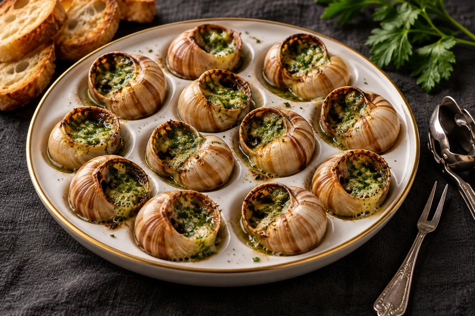 Burgundy-style escargots with garlic and parsley butter in a snail plate