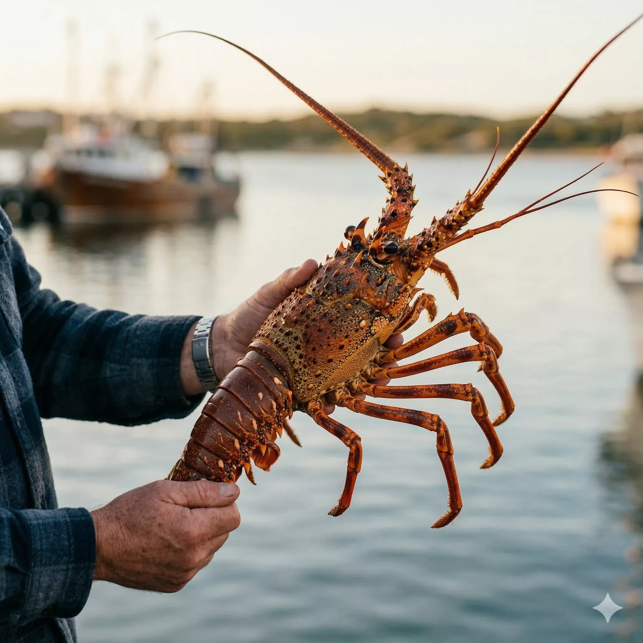 Whole Western Australian spiny lobster held up at a fishing harbor