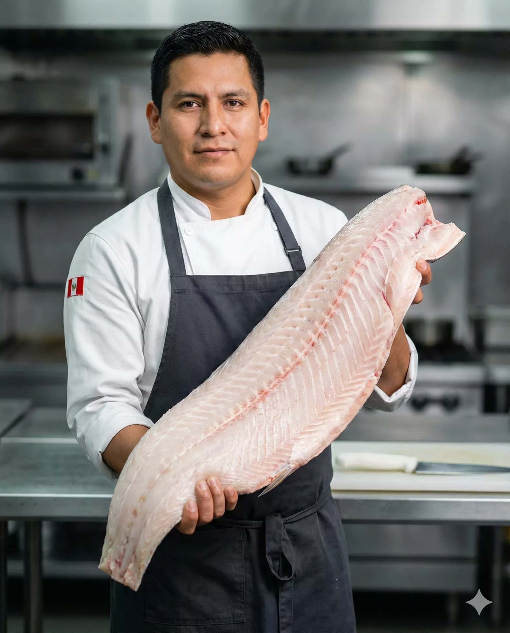 Chef holding a boneless white paiche (arapaima) fillet from the Peruvian Amazon