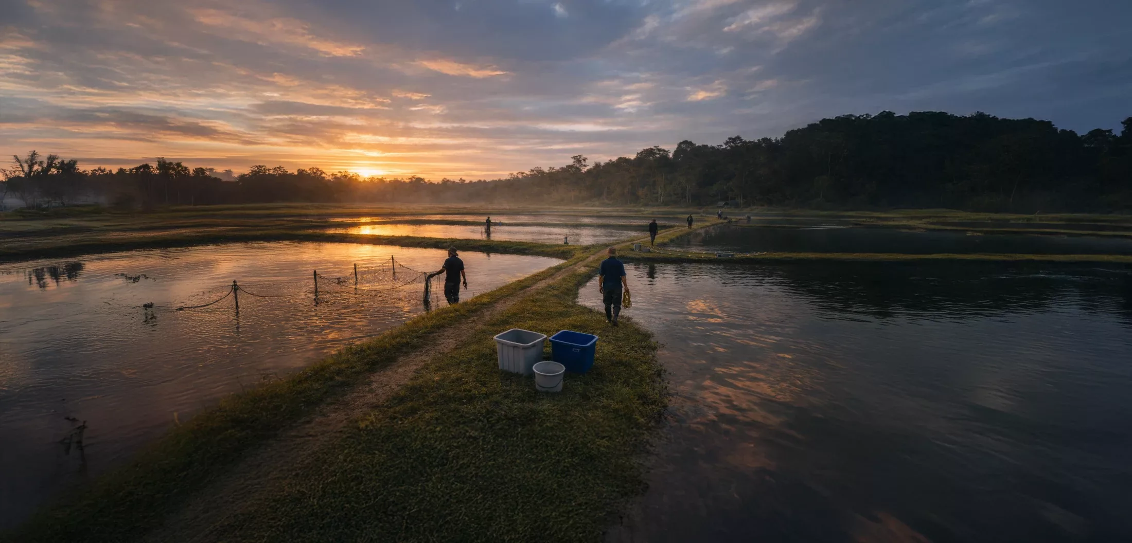 Fish farmers setting nets between aquaculture ponds at sunrise in the Ucayali region of the Peruvian Amazon, the forest behind
