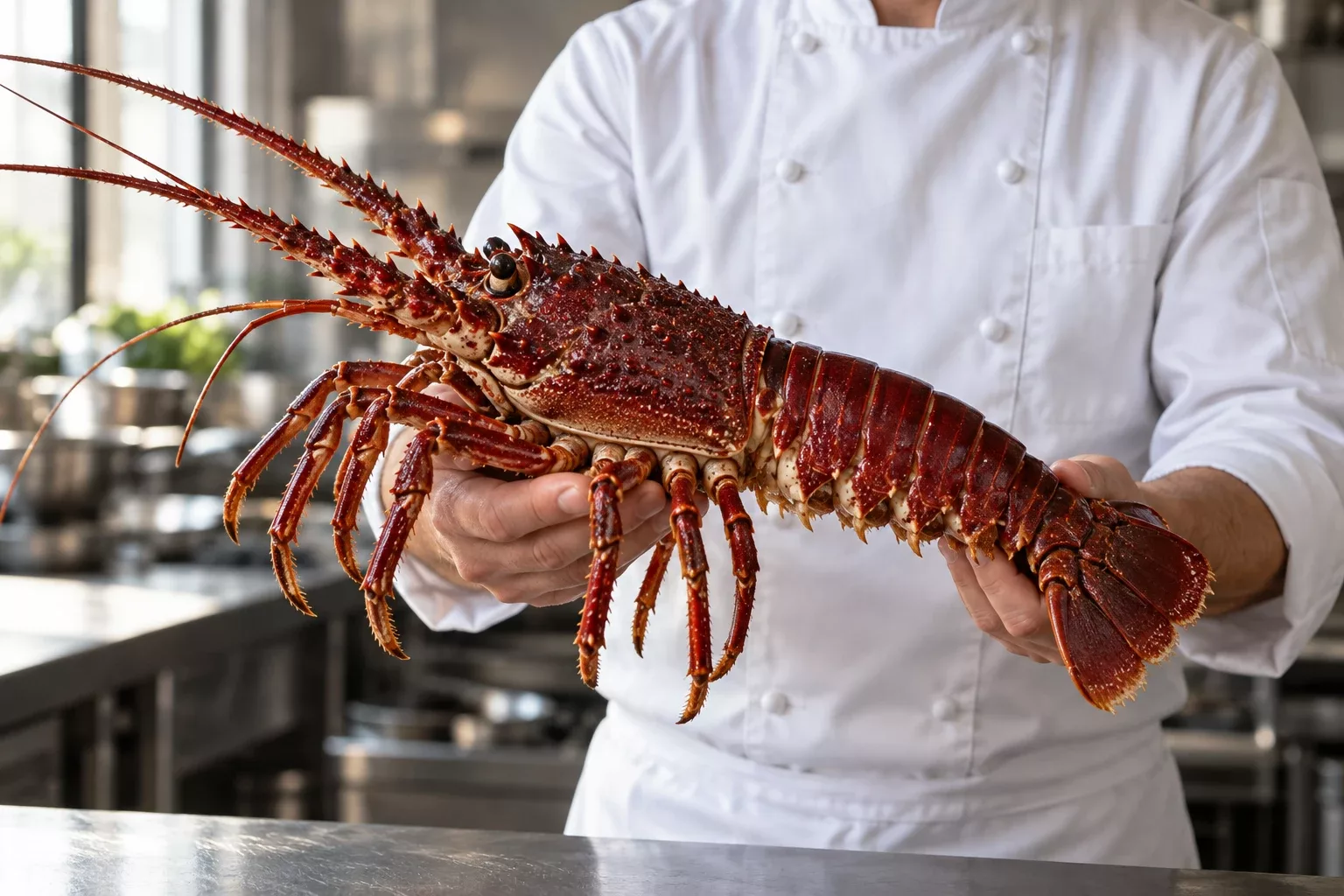 Chef holding a live southern rock lobster