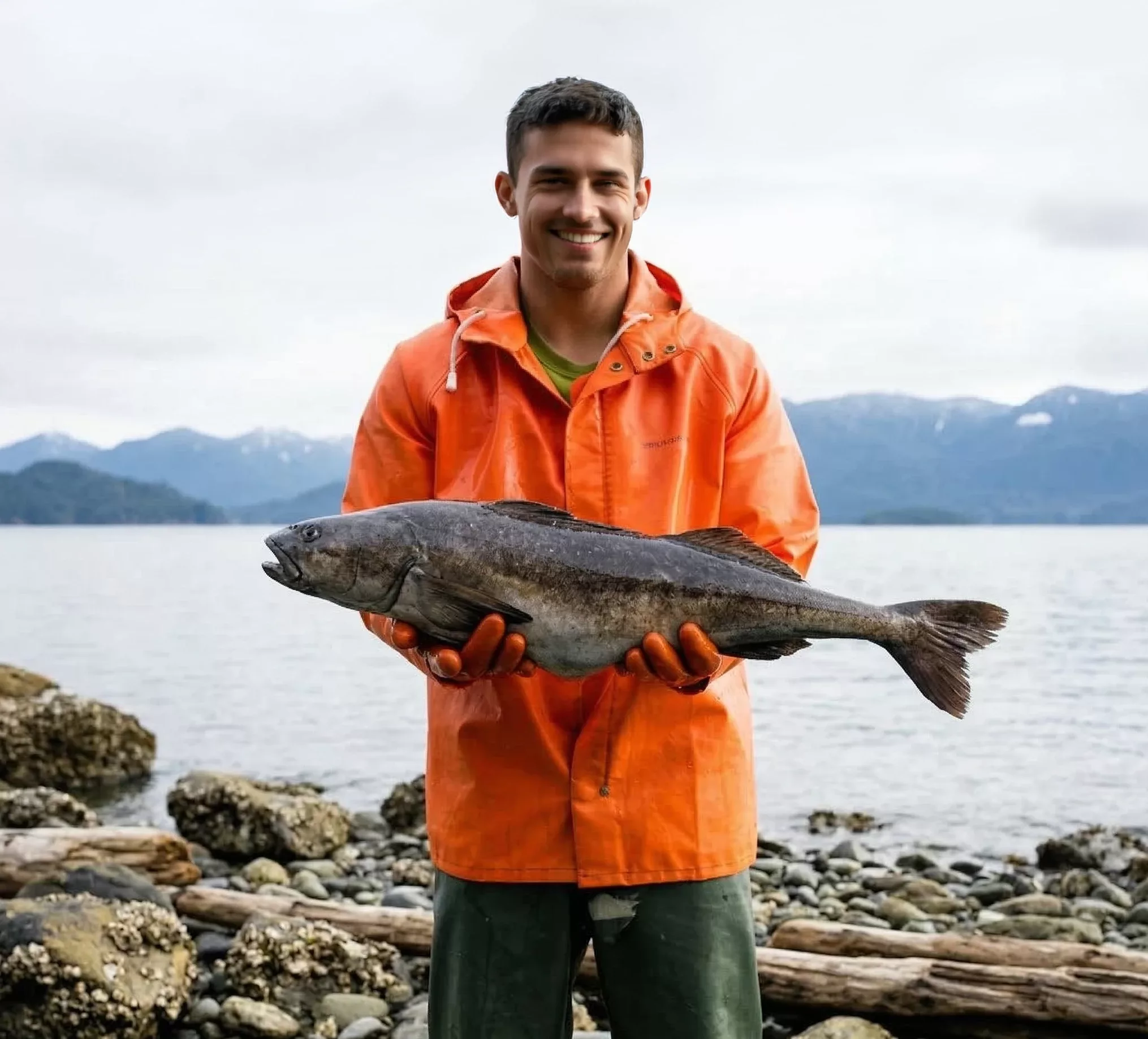 Fisherman holding a whole wild black cod (sablefish) on a North Pacific shore