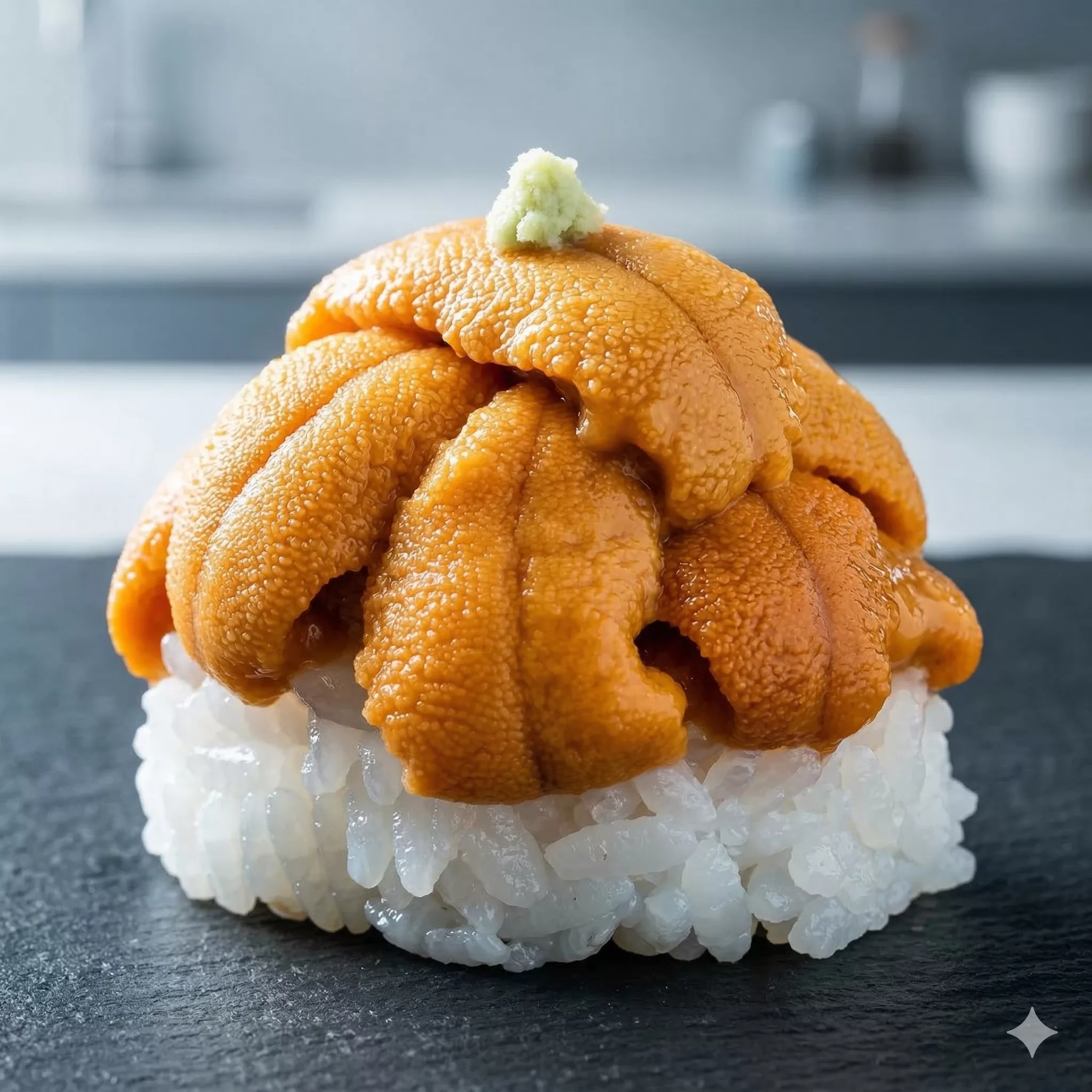Orange-gold sea urchin roe (uni) piled on sushi rice
