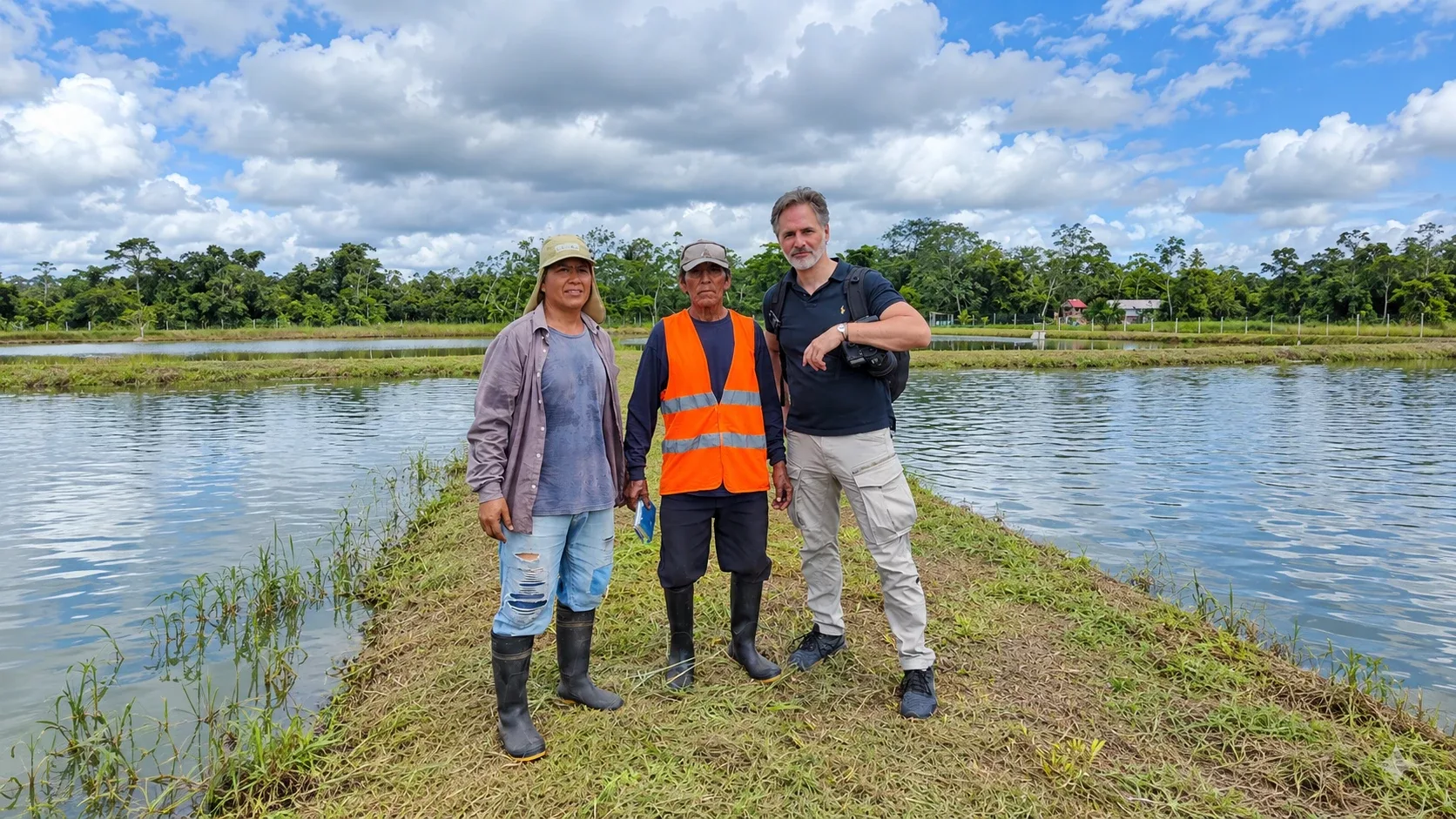With the farm team on the pond banks in the Peruvian Amazon