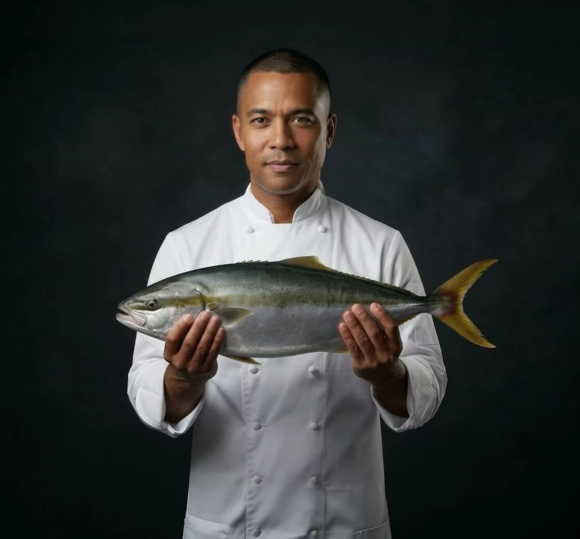 Chef holding a whole yellowtail amberjack